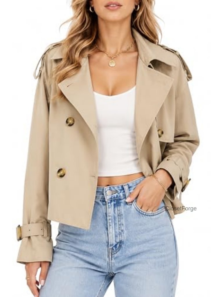 Cropped Trench Coat Double Breasted Short Jacket Lightweight Water Resistant